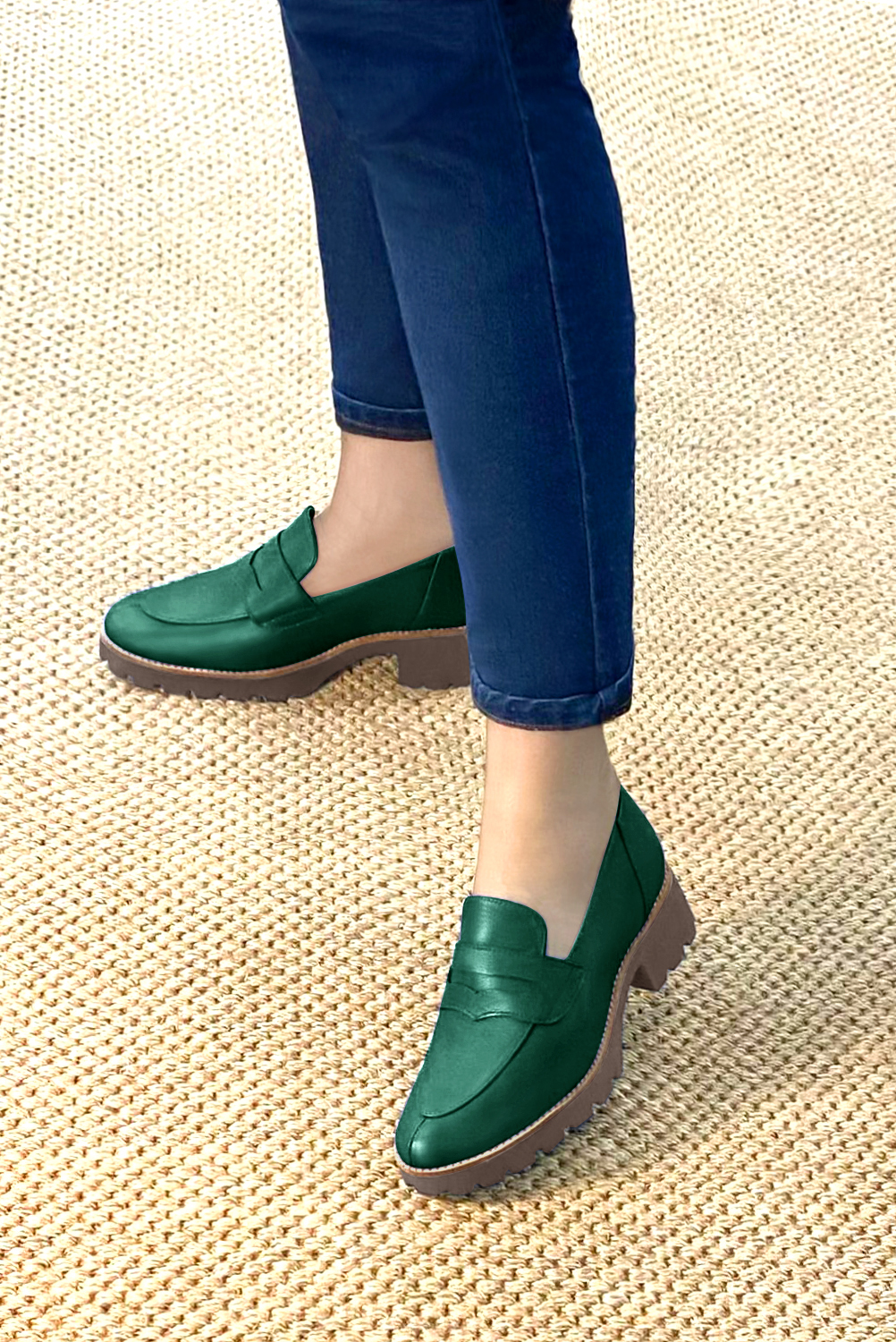 Forest green women's casual loafers. Round toe. Low rubber soles. Worn view - Florence KOOIJMAN